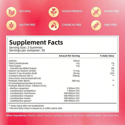 Vivonu Women's Probiotic Gummies | 5 Billion CFUs | 3-In-1 Formula (Probiotics + Prebiotics + Cranberry) | Cranberry Flavor | No Sugar, Non-GMO | 60 Gummies | Dietary Supplement