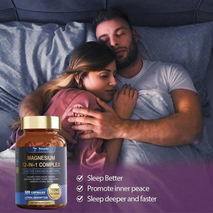 12-In-1 Magnesium Complex 700mg - Supplement With Glycinate Citrate Malate Oxide Taurate Aspartate Orotate, Vegan Capsules For Muscle, Heart, And Relaxation Support