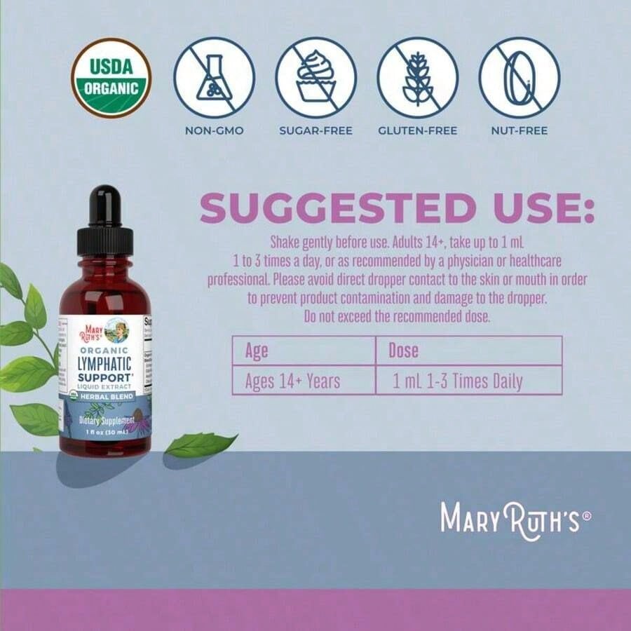 Lymphatic Support Herbal Blend Liquid Drops - USDA Organic Lymphatic Cleanse - Echinacea & Elderberry - Blue Vervain - Vegan - 30 Servings