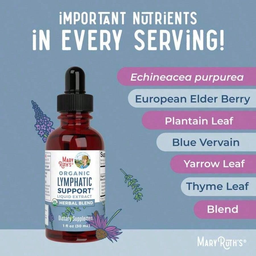 Lymphatic Support Herbal Blend Liquid Drops - USDA Organic Lymphatic Cleanse - Echinacea & Elderberry - Blue Vervain - Vegan - 30 Servings