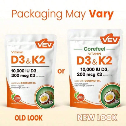 VEV Corefeel Vitamin D3 K2 10000 , 300 Virgin Coconut Oil Softgels,2in 1 Vitamins Supplement D & K, Dietary Supplemental Pack