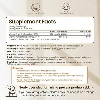 VEV Corefeel Vitamin D3 K2 10000 , 300 Virgin Coconut Oil Softgels,2in 1 Vitamins Supplement D & K, Dietary Supplemental Pack
