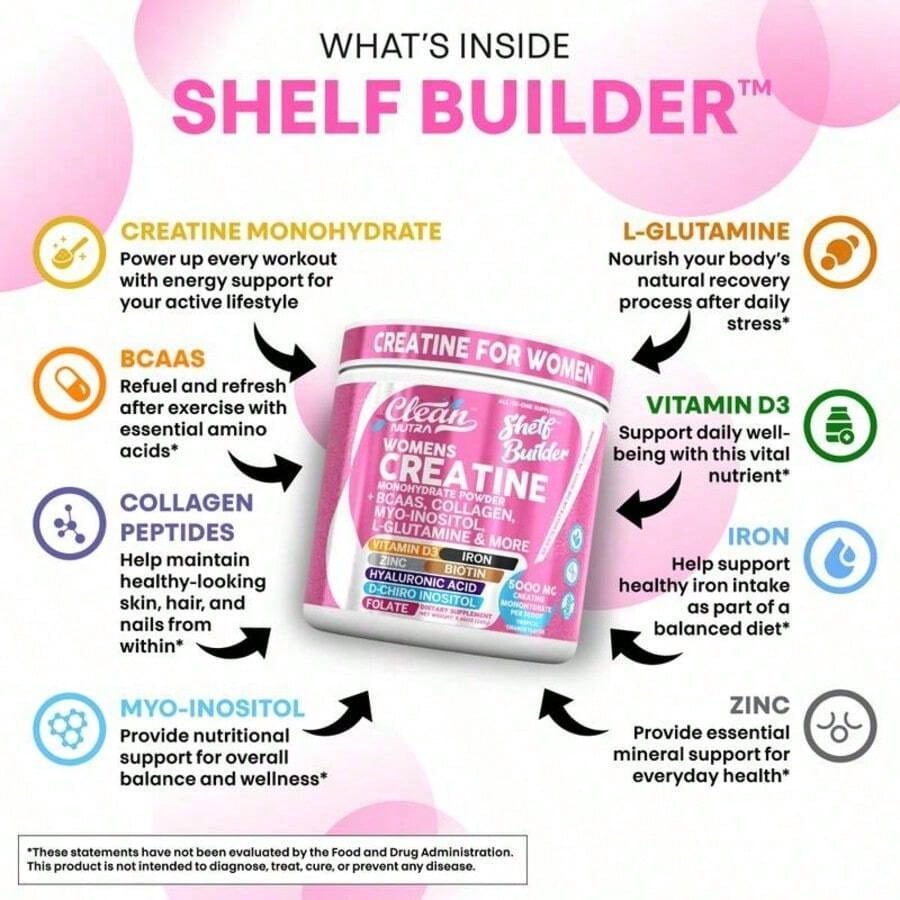 Women's Creatine Monohydrate Powder With BCAAs, Collagen, Myo-Inositol, L-Glutamine, & More For Optimal Wellness & Beauty Support – Shelf Builder