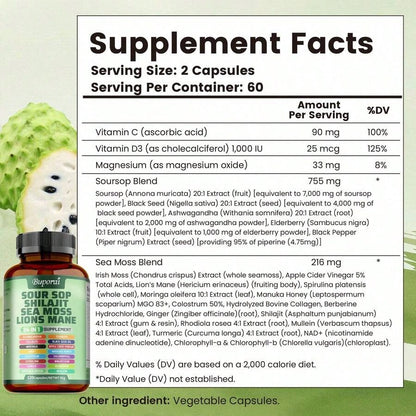BUPORAI Soursop Shilajit Sea Moss Lion's Mane - Has Natural Antioxidant Properties To Boost Immunity And Support Cell Regeneration - 120pcs