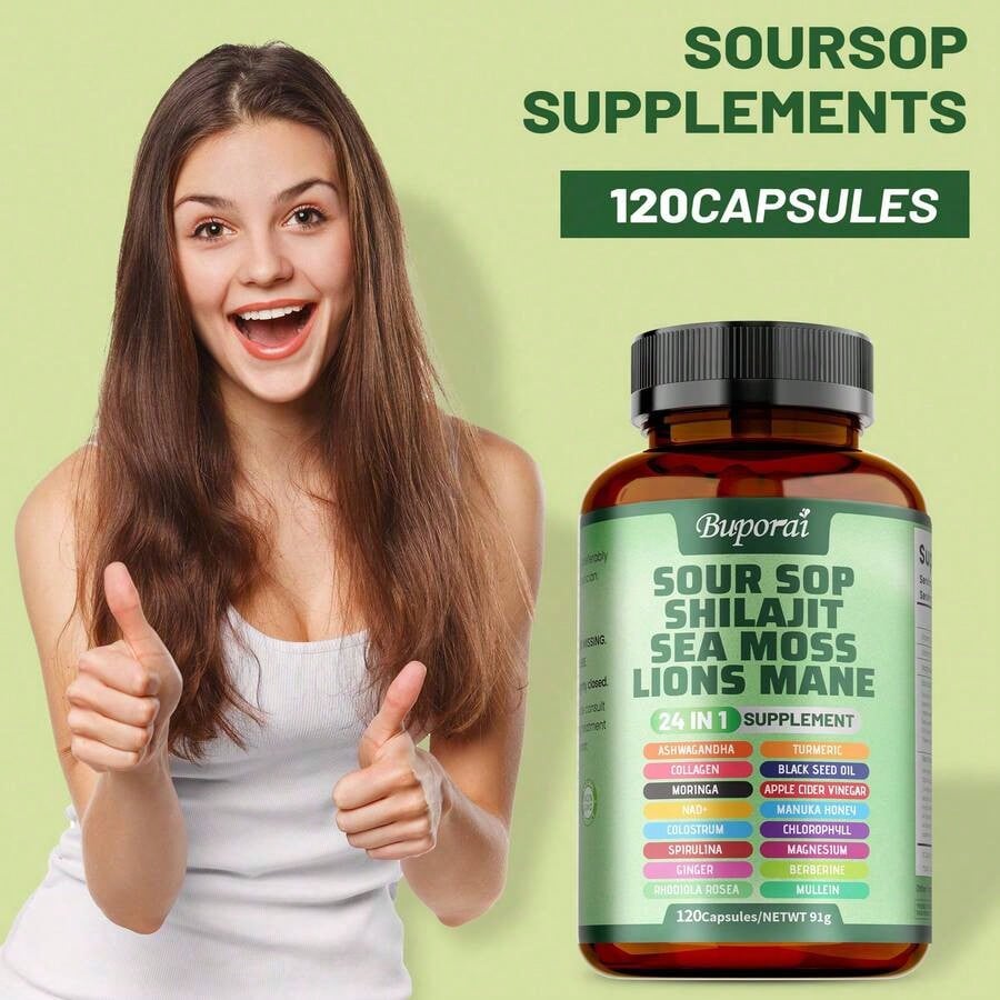 BUPORAI Soursop Shilajit Sea Moss Lion's Mane - Has Natural Antioxidant Properties To Boost Immunity And Support Cell Regeneration - 120pcs
