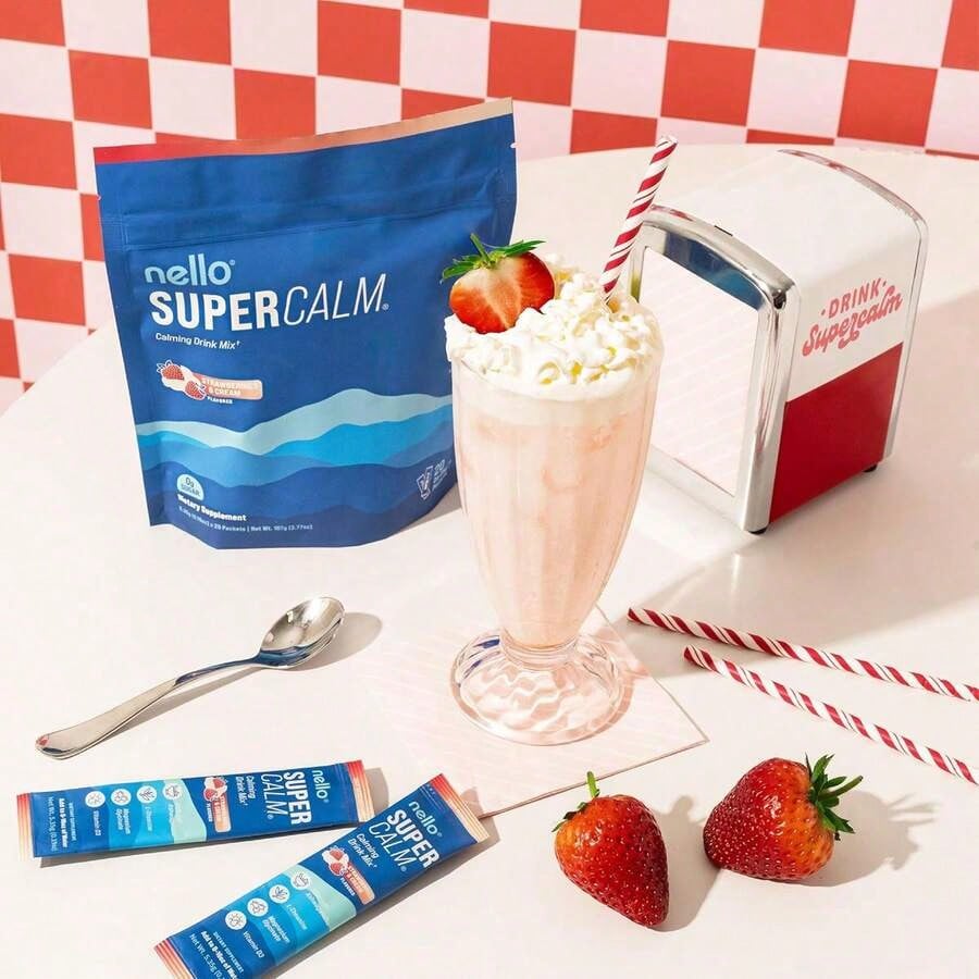 Nello Supercalm Powdered Drink Mix, Cortisol Reducer*, Sleep Aid Supplement, L Theanine, Ksm-66 Ashwagandha, Magnesium Glycinate, Vitamin D 3, No Sugar, Non GMO, 20 Ct, Strawberries & Cream