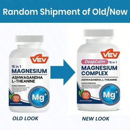 VEV DeepCalm Magnesium Complex 15-In-1 With Magnesium Glycinate, Citrate, Malate, Ashwagandha & L-Theanine, 120 Capsules"