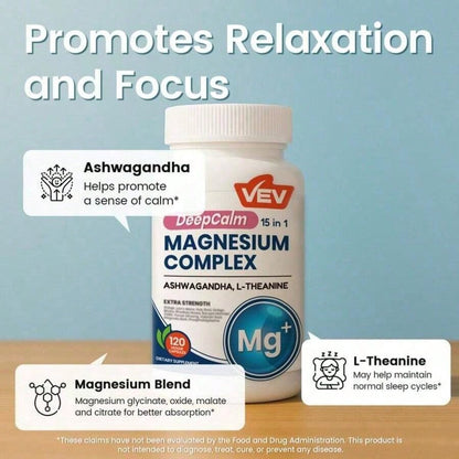 VEV DeepCalm Magnesium Complex 15-In-1 With Magnesium Glycinate, Citrate, Malate, Ashwagandha & L-Theanine, 120 Capsules"