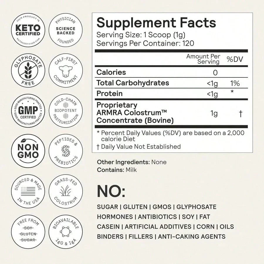 ARMRA Colostrum™ Powder| Unflavored| Gut Health & Bloating| Skin & Hair| Immunity| Keto, Gluten & Fat-Free| 120 Servings