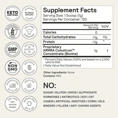 ARMRA Colostrum™ Powder| Unflavored| Gut Health & Bloating| Skin & Hair| Immunity| Keto, Gluten & Fat-Free| 120 Servings