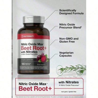 Horbäach Nitric Oxide Beet Root Capsules | 180 Count | With Nitrates And Precursor | For Men And Women | Vegetarian, Non-GMO, Gluten Free Supplemen