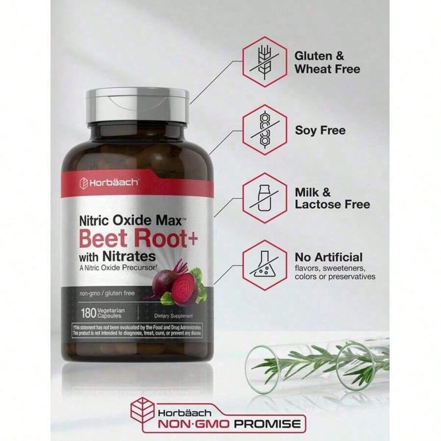 Horbäach Nitric Oxide Beet Root Capsules | 180 Count | With Nitrates And Precursor | For Men And Women | Vegetarian, Non-GMO, Gluten Free Supplemen