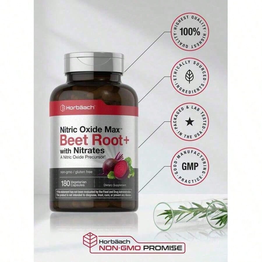 Horbäach Nitric Oxide Beet Root Capsules | 180 Count | With Nitrates And Precursor | For Men And Women | Vegetarian, Non-GMO, Gluten Free Supplemen
