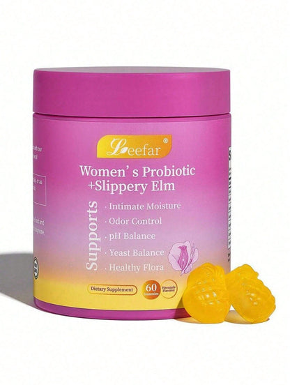 LEEFAR Women's Probiotic Gummies With Slippery Elm - Tropical Pineapple Flavor For PH Balance Digestive & Immune Health - 60 Gummies Per Pack