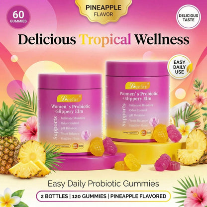 LEEFAR Women's Probiotic Gummies With Slippery Elm - Tropical Pineapple Flavor For PH Balance Digestive & Immune Health - 60 Gummies Per Pack