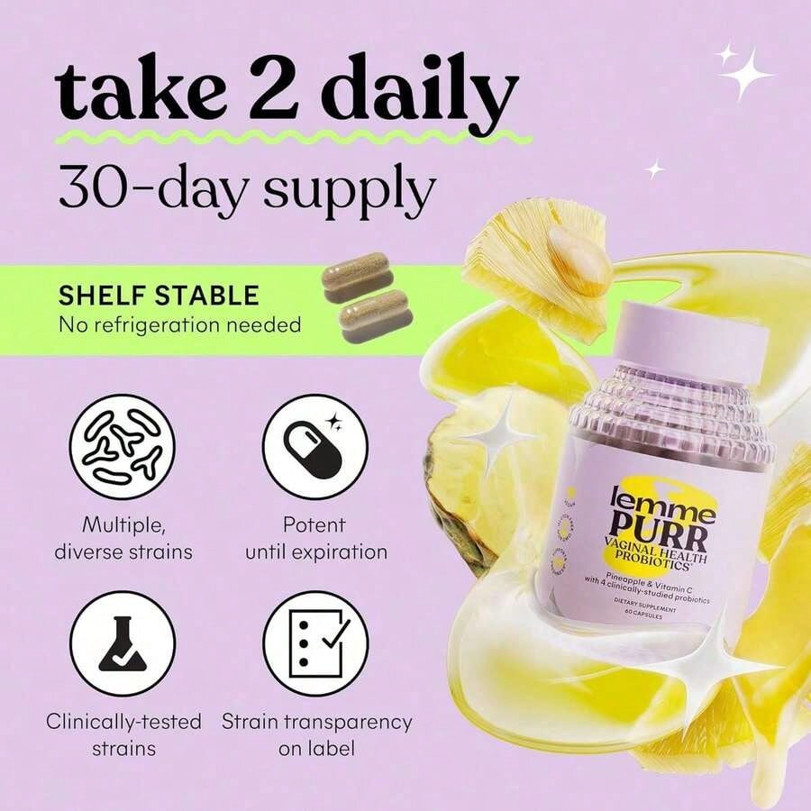 Lemme Purr Vaginal Probiotics – Feminine Wellness & PH Balance Support With Pineapple & Vitamin C | 4-Strain Lactobacillus Blend | Vegan, Gluten-Free, 60 Capsules