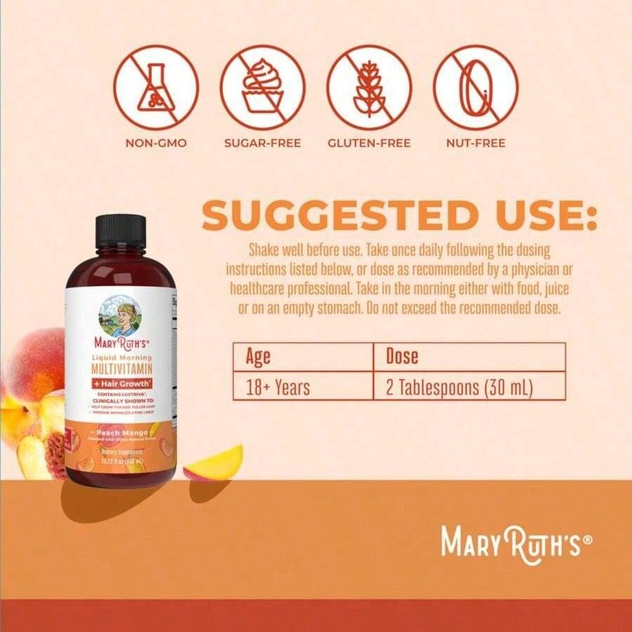 Liquid Multivitamin With – Hair Growth, Skin Smoothness & Daily Wellness | Peach Mango Flavor | Vegan | 15.22 Fl Oz