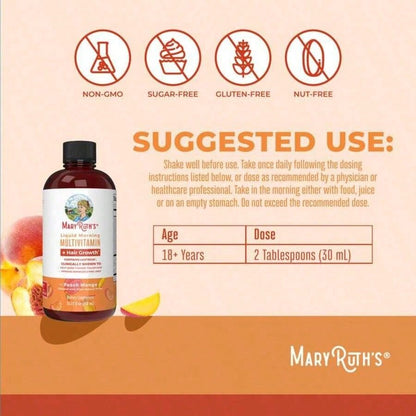 Liquid Multivitamin With – Hair Growth, Skin Smoothness & Daily Wellness | Peach Mango Flavor | Vegan | 15.22 Fl Oz