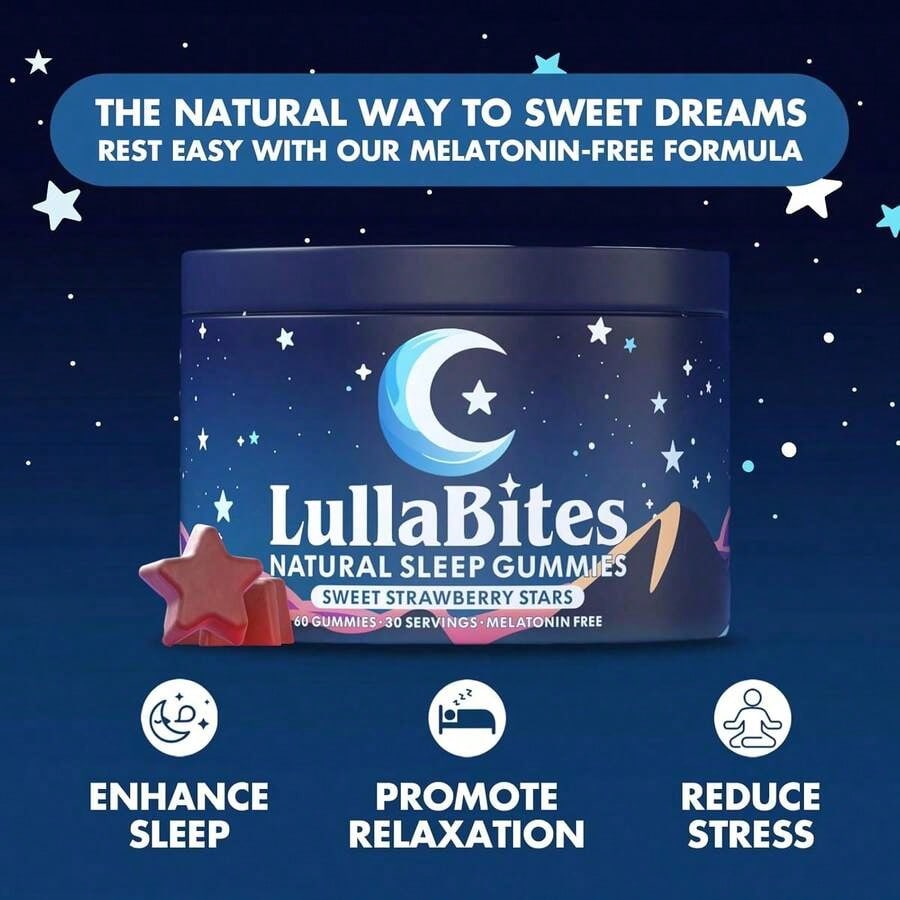 LullaBites Natural Sleep Gummies – Melatonin-Free Blend With 5-HTP, L-Theanine, Magnesium & Valerian – Vegan, Sugar-Free, Halal – Strawberry Flavor – 60 Gummies (30 Servings)