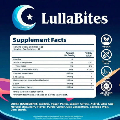 LullaBites Natural Sleep Gummies – Melatonin-Free Blend With 5-HTP, L-Theanine, Magnesium & Valerian – Vegan, Sugar-Free, Halal – Strawberry Flavor – 60 Gummies (30 Servings)