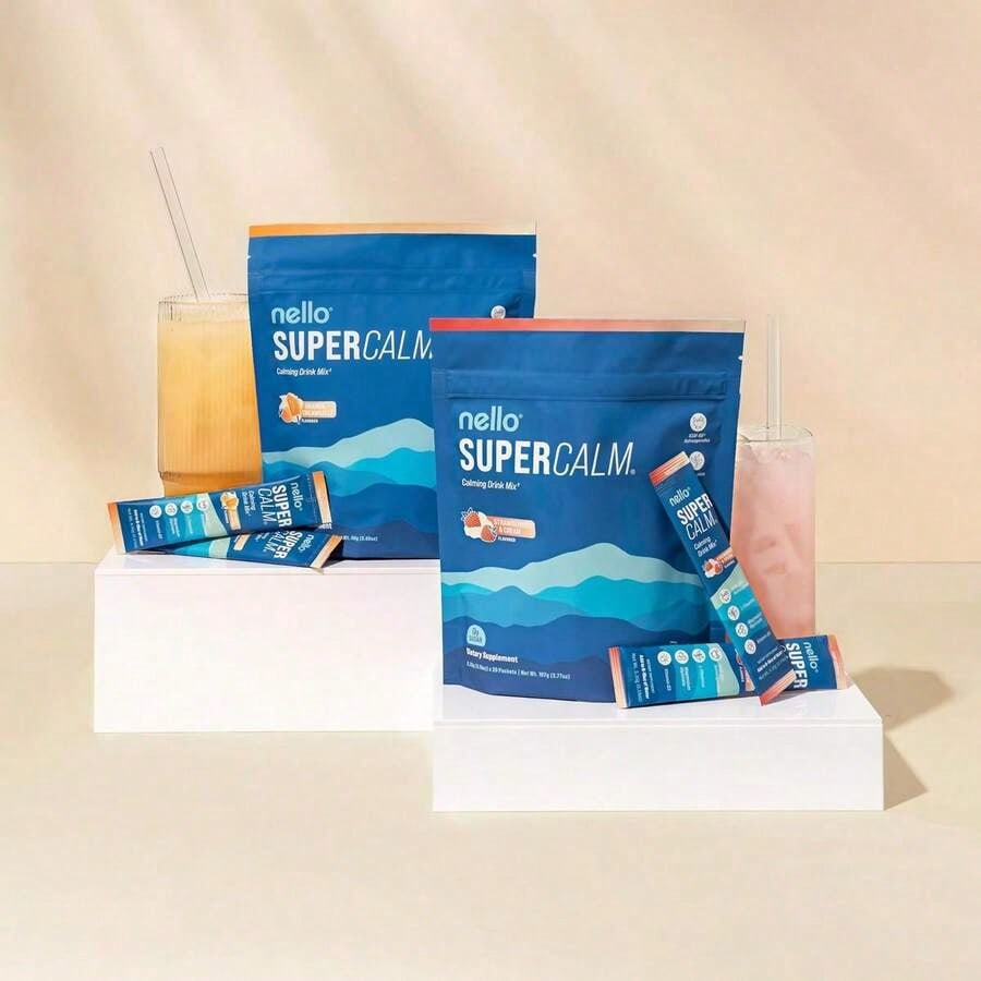 Nello SuperCalm Powdered Drink Mix – Cortisol Support, Sleep Aid Supplement With Magnesium Glycinate, L-Theanine & KSM-66 Ashwagandha, Vitamin D3, No Sugar, Non-GMO, Strawberries & Cream, 20 Packets*