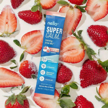 Nello SuperCalm Powdered Drink Mix – Cortisol Support, Sleep Aid Supplement With Magnesium Glycinate, L-Theanine & KSM-66 Ashwagandha, Vitamin D3, No Sugar, Non-GMO, Strawberries & Cream, 20 Packets*