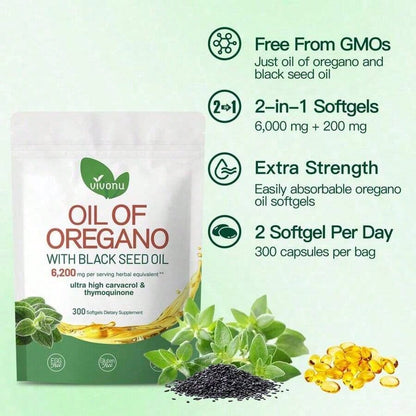 OIL OF OREGANO--WITH BLACK SEED OIL | 6,200mg Per Serving Herbal Equivalent** | Ultra High Carvacrol &Thymoquinone | 300 Softgels Dietary Supplement
