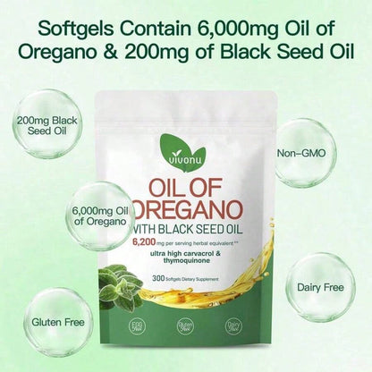 OIL OF OREGANO--WITH BLACK SEED OIL | 6,200mg Per Serving Herbal Equivalent** | Ultra High Carvacrol &Thymoquinone | 300 Softgels Dietary Supplement