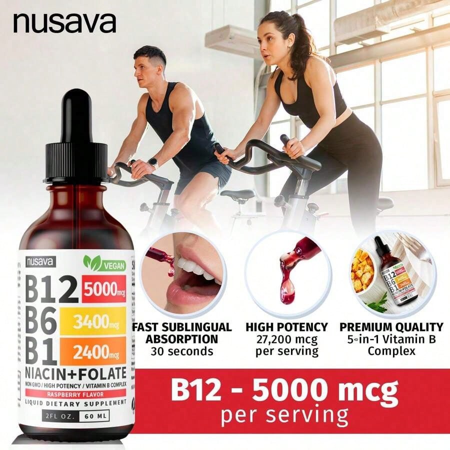 Vitamin B12 And B6 Liquid Drops, B12 Sublingual Vitamin B Complex - B 12 Vitamin 5000mcg - B12 Methylcobalamin For Energy, Brain, And Heart Support With 27,200 Mcg, Raspberry, 80 Servings
