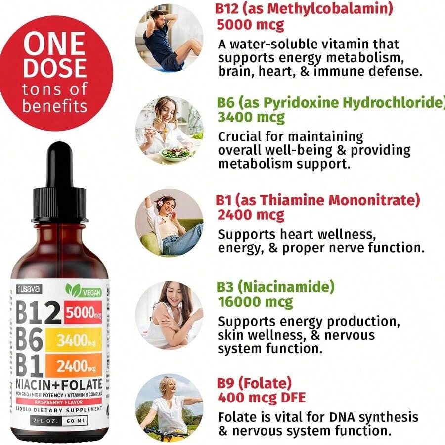 Vitamin B12 And B6 Liquid Drops, B12 Sublingual Vitamin B Complex - B 12 Vitamin 5000mcg - B12 Methylcobalamin For Energy, Brain, And Heart Support With 27,200 Mcg, Raspberry, 80 Servings
