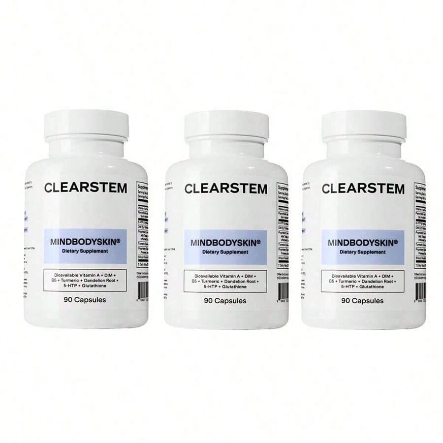 CLEARSTEM - MINDBODYSKIN Hormonal Acne Supplement (5-HTP) - Natural DIM Supplement - Skin Care Vitamins - Hormone Balance, Antioxidants - Gluten Free, Cruelty Free - 30 Servings, 90 Capsules