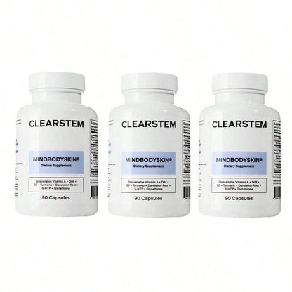 CLEARSTEM - MINDBODYSKIN Hormonal Acne Supplement (5-HTP) - Natural DIM Supplement - Skin Care Vitamins - Hormone Balance, Antioxidants - Gluten Free, Cruelty Free - 30 Servings, 90 Capsules