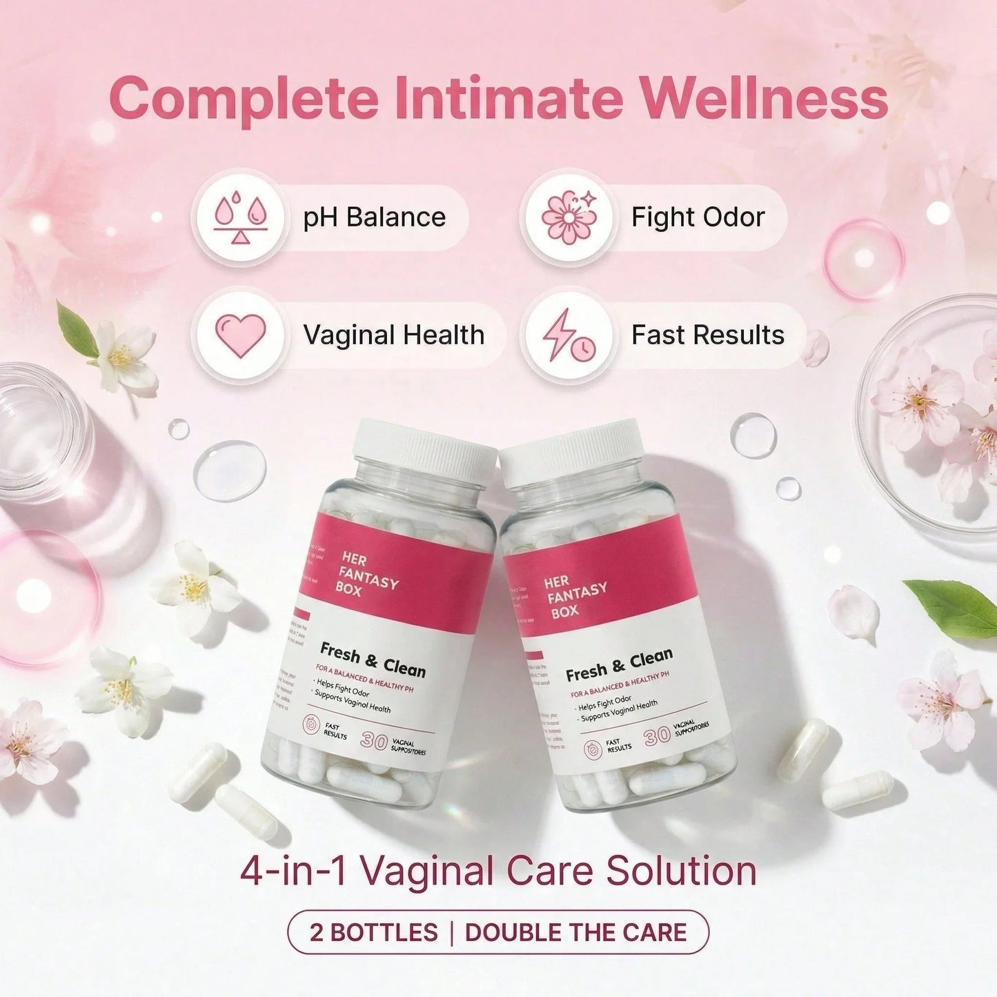 Her Fan-Tasy Box Gentle Boric Acid Suppositories - 30 Count PH Balance For Sensitive Skin