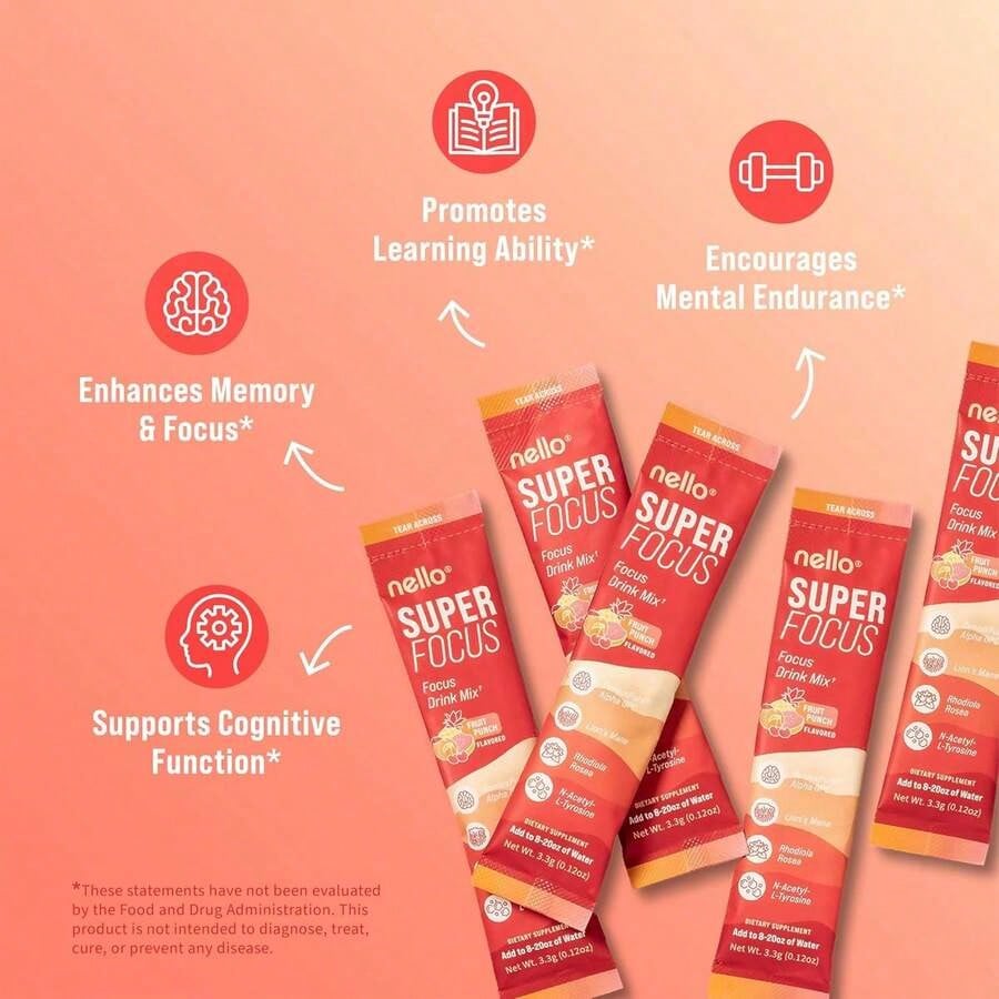 Nello Superfocus Focus Drink Mix – Fruit Punch Flavor – Alpha GPC, Lion's Mane, Rhodiola & N-Acetyl L-Tyrosine – Sugar-Free, On-The-Go Packets – 20 Servings