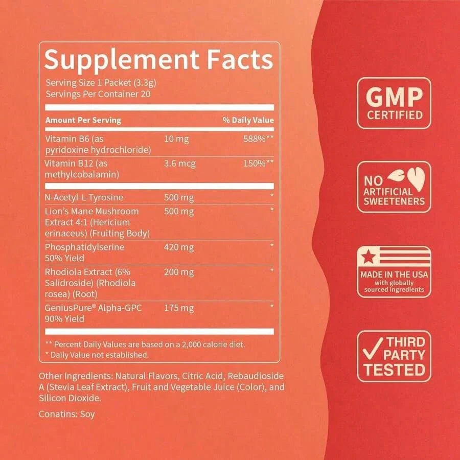 Nello Superfocus Focus Drink Mix – Fruit Punch Flavor – Alpha GPC, Lion's Mane, Rhodiola & N-Acetyl L-Tyrosine – Sugar-Free, On-The-Go Packets – 20 Servings