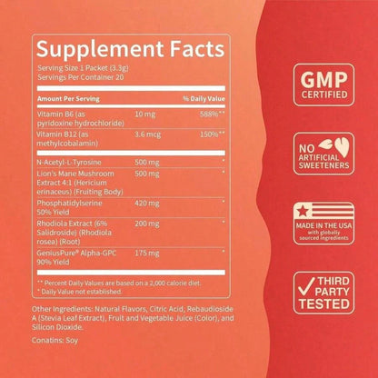 Nello Superfocus Focus Drink Mix – Fruit Punch Flavor – Alpha GPC, Lion's Mane, Rhodiola & N-Acetyl L-Tyrosine – Sugar-Free, On-The-Go Packets – 20 Servings