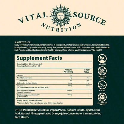 Premium Feminine Balance Gummies For Women| PH & Odor Support With Bacillus Coagulans| Hawaiian Pineapple Flavor| Vegan, Gluten-Free| 60 Gummies (30 Servings)