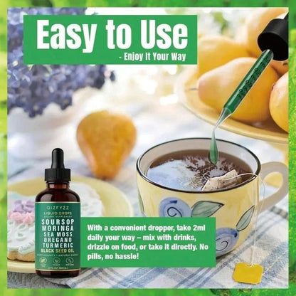 Soursop Bitters Natural Herbal Liquid Drops (10-In-1 Formula, 2 Fl. Oz) - Vegan & Non-GMO | Infused With Nori, Moringa, Turmeric, Black Seed Oil, Oregano & Ashwagandha | Supports Overall Wellness