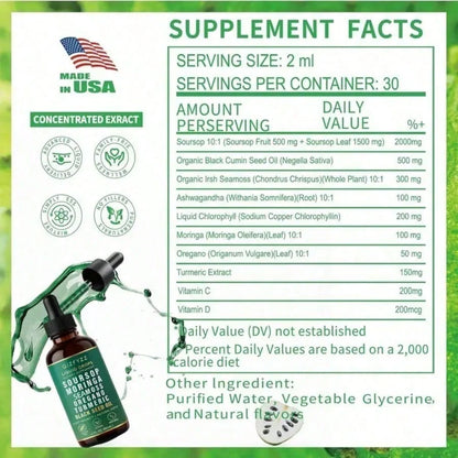 Soursop Bitters Natural Herbal Liquid Drops (10-In-1 Formula, 2 Fl. Oz) - Vegan & Non-GMO | Infused With Nori, Moringa, Turmeric, Black Seed Oil, Oregano & Ashwagandha | Supports Overall Wellness