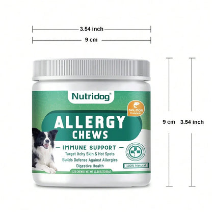 Allergy Chews For Dogs - Dog Itching Skin Relief & Seasonal Allergy Support With Chamomile, Salmon Oil, Quercetin - Probiotic Dog Allergy Relief Treats, Salmon Flavor, 120ct