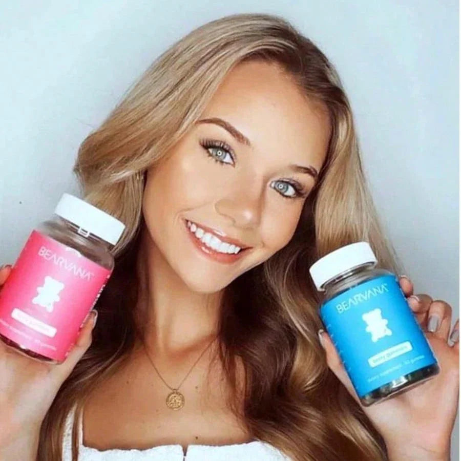 BEARVANA Gummies Combo Pack, Pink & Blue - Fuller Feminine Contours, Radiant Skin, Healthy Hair & Nails, Workout Aid For Curves Building - Berry Flavored Vegan Vitamin Supplement For Women - 120 Count, Health, Gummies,