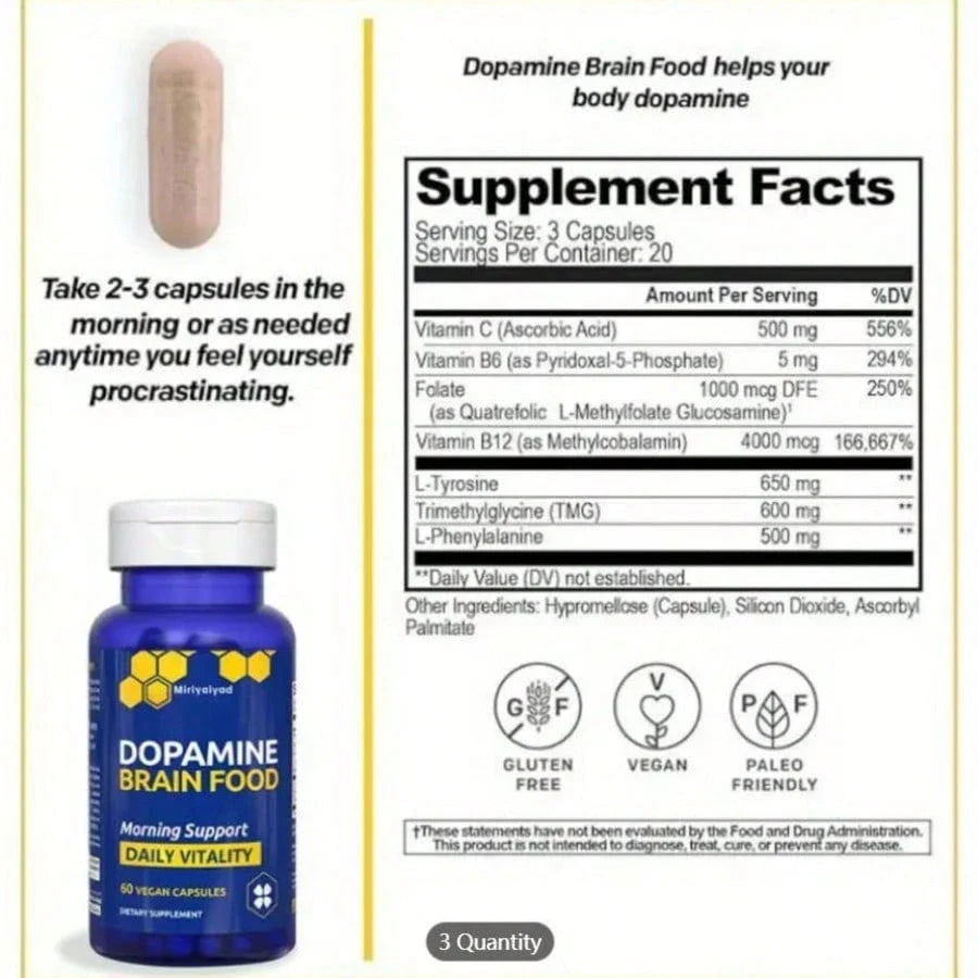 60 Vegan Capsules Dopamine Brain Food Support Supplement - Morning Support & Daily Vitality, Gluten-Free Formula With Natural Dopamine Boosters, B Vitamins