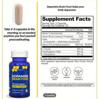 60 Vegan Capsules Dopamine Brain Food Support Supplement - Morning Support & Daily Vitality, Gluten-Free Formula With Natural Dopamine Boosters, B Vitamins
