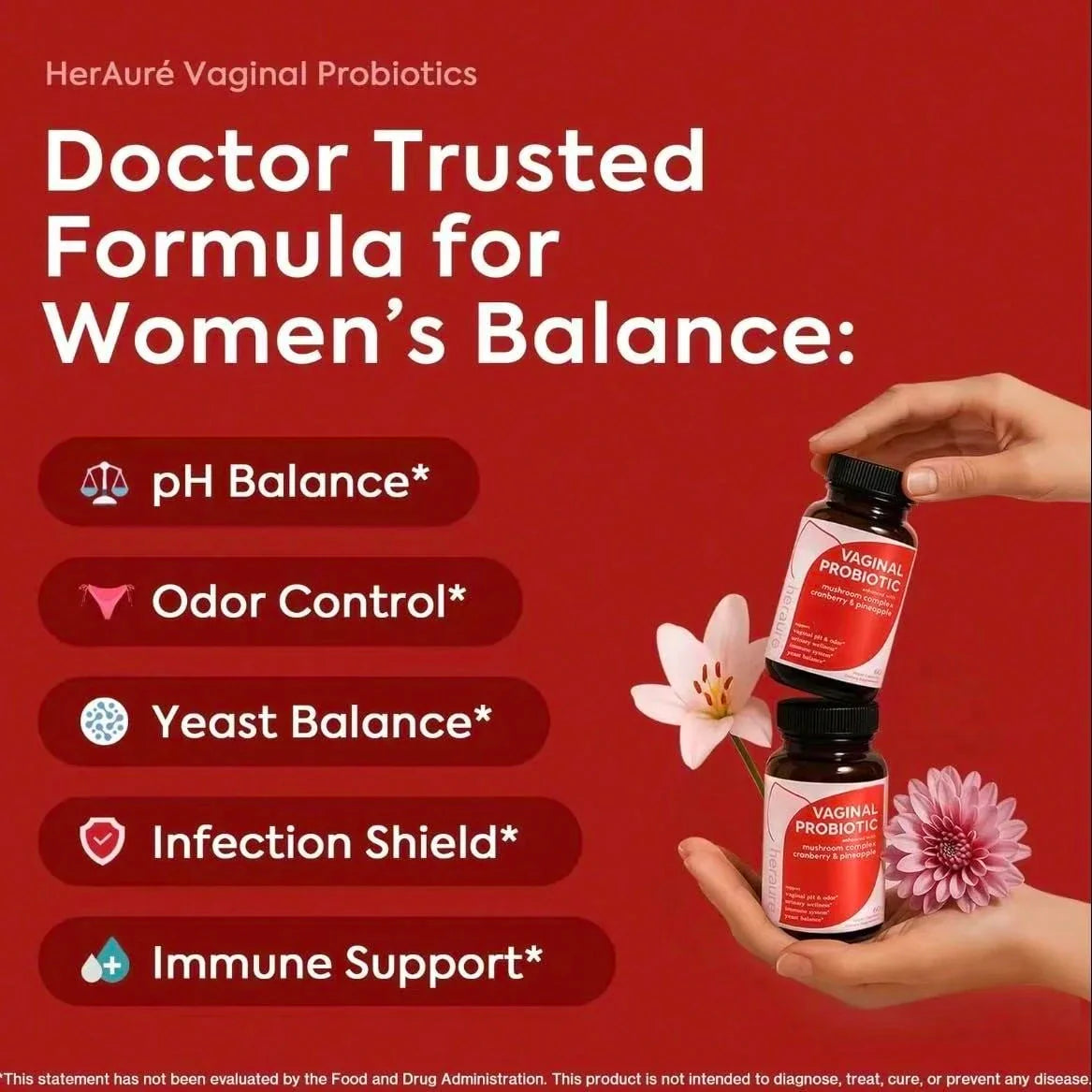 HerAure Women's Probiotics - PH Balance, Odor Control, Flora Health,Moistening, Tightening - With 7 Billion CFU Probiotic, Prebiotic, 7-In-1 Mushroom Blend,Cranberry, Pineapple,60 Capsules