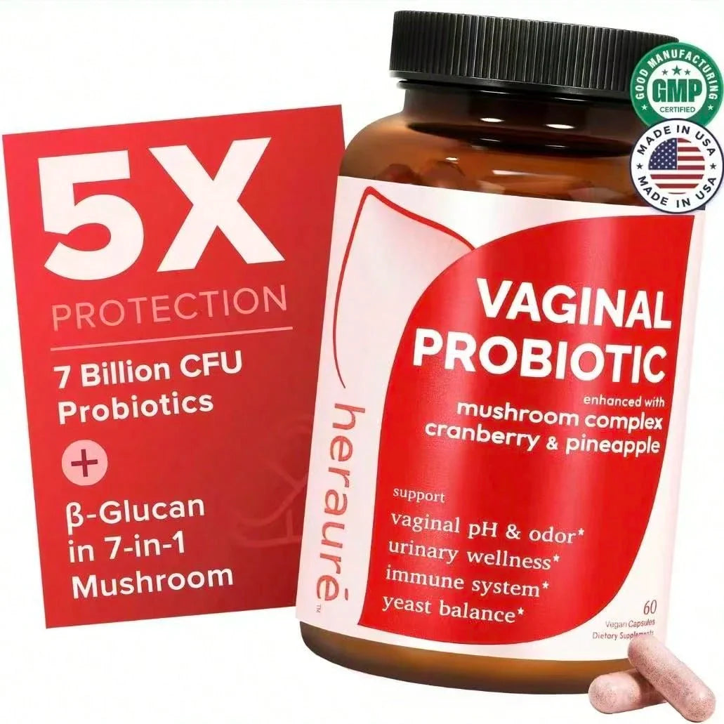HerAure Women's Probiotics - PH Balance, Odor Control, Flora Health,Moistening, Tightening - With 7 Billion CFU Probiotic, Prebiotic, 7-In-1 Mushroom Blend,Cranberry, Pineapple,60 Capsules