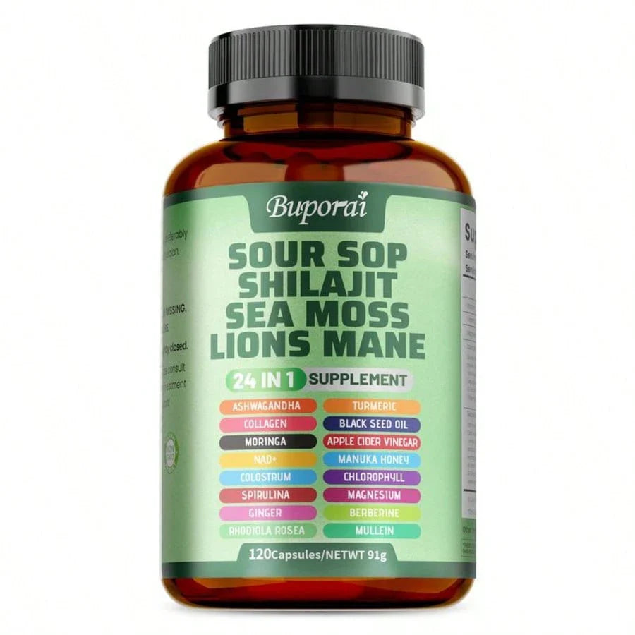 Multi Bottles - Soursop Dietary Supplement, Rich In Antioxidants, 120 Capsules Per Bottle, With Added Shiitake Mushroom, Seaweed, And Lion's Mane Mushroom, 24 In 1, Supports Skin, Joint, And Bone Health, Free Shipping, For Women, For Men