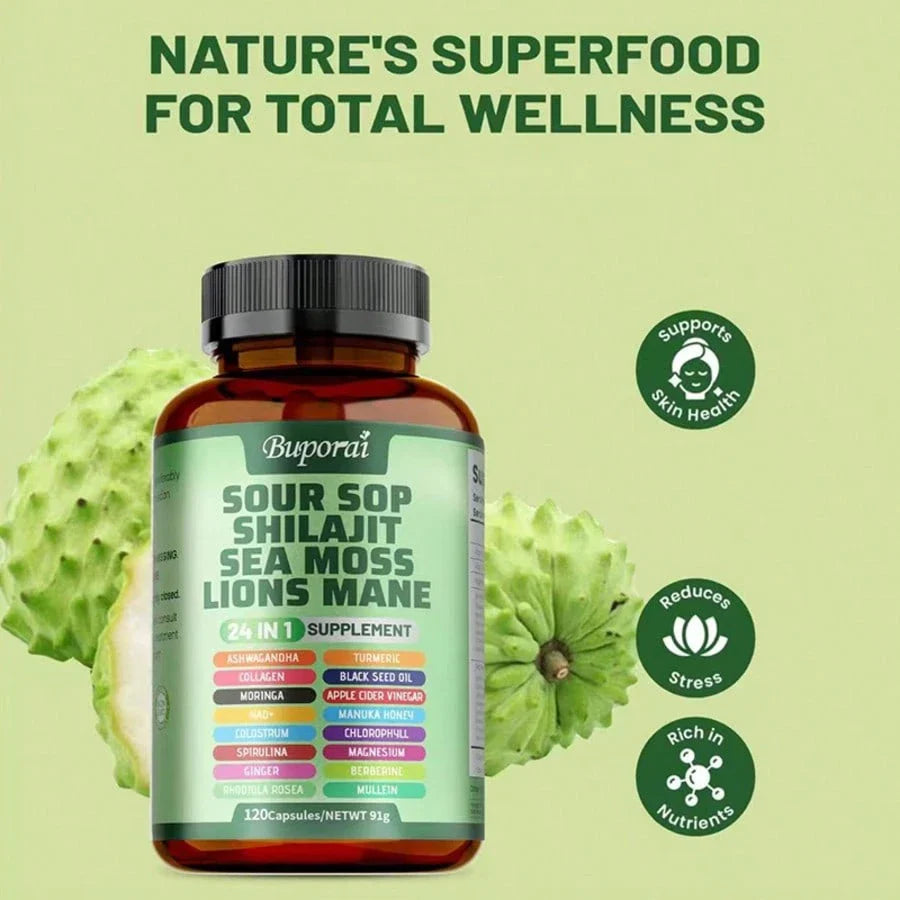 Multi Bottles - Soursop Dietary Supplement, Rich In Antioxidants, 120 Capsules Per Bottle, With Added Shiitake Mushroom, Seaweed, And Lion's Mane Mushroom, 24 In 1, Supports Skin, Joint, And Bone Health, Free Shipping, For Women, For Men