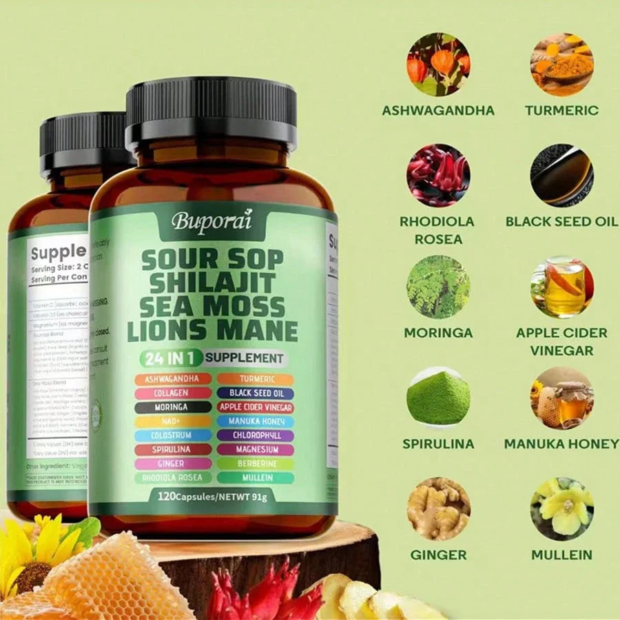 Multi Bottles - Soursop Dietary Supplement, Rich In Antioxidants, 120 Capsules Per Bottle, With Added Shiitake Mushroom, Seaweed, And Lion's Mane Mushroom, 24 In 1, Supports Skin, Joint, And Bone Health, Free Shipping, For Women, For Men