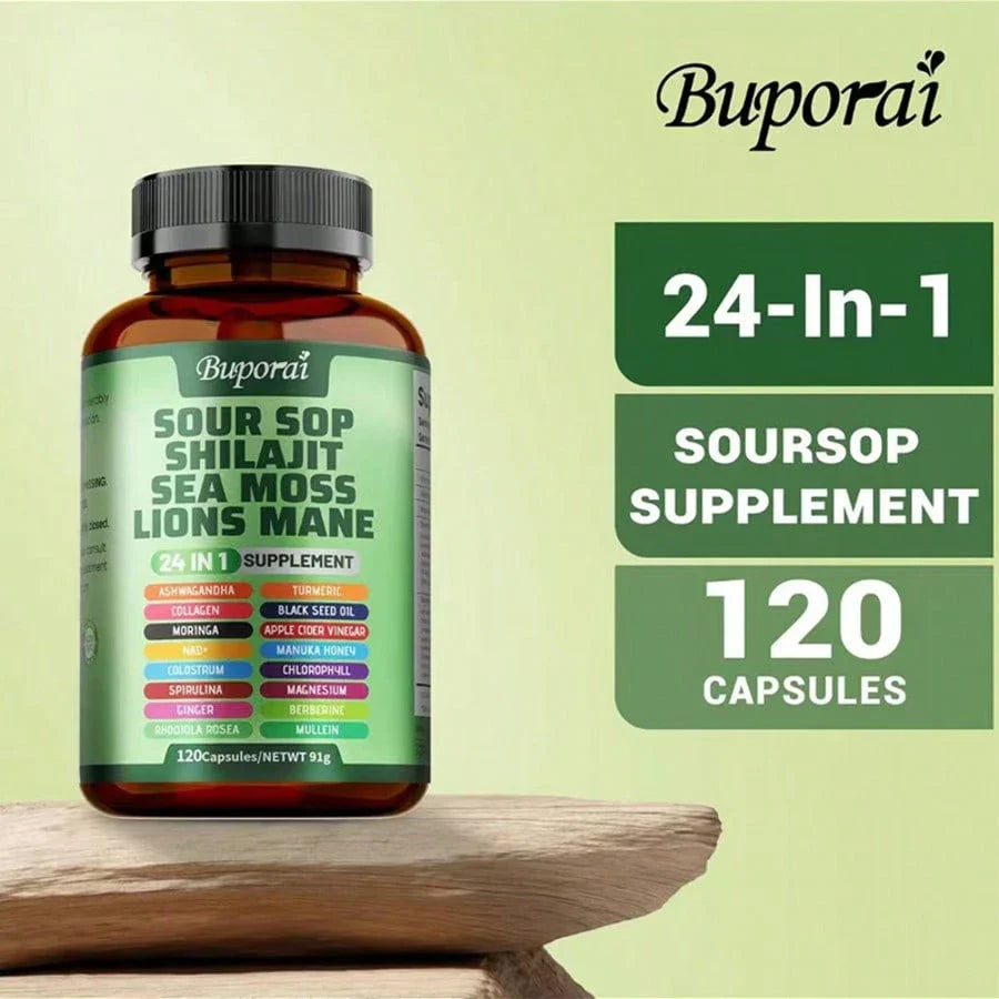 Multi Bottles - Soursop Dietary Supplement, Rich In Antioxidants, 120 Capsules Per Bottle, With Added Shiitake Mushroom, Seaweed, And Lion's Mane Mushroom, 24 In 1, Supports Skin, Joint, And Bone Health, Free Shipping, For Women, For Men