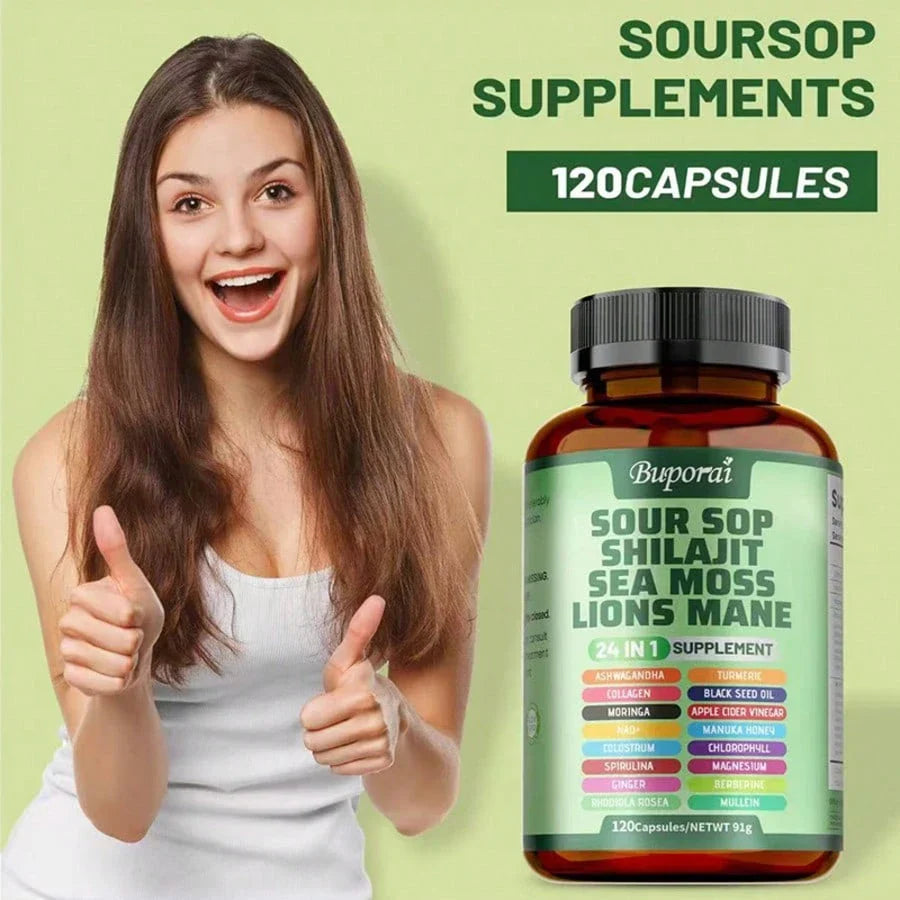 Multi Bottles - Soursop Dietary Supplement, Rich In Antioxidants, 120 Capsules Per Bottle, With Added Shiitake Mushroom, Seaweed, And Lion's Mane Mushroom, 24 In 1, Supports Skin, Joint, And Bone Health, Free Shipping, For Women, For Men